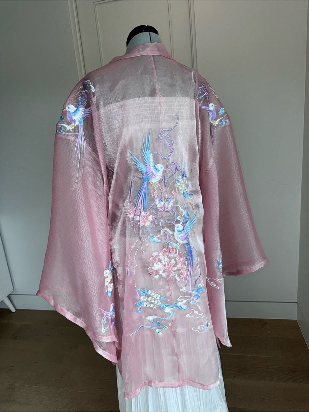 Sheer Pink Embroidered Kimono with Blue Bird Motif - Picture 3 of 8